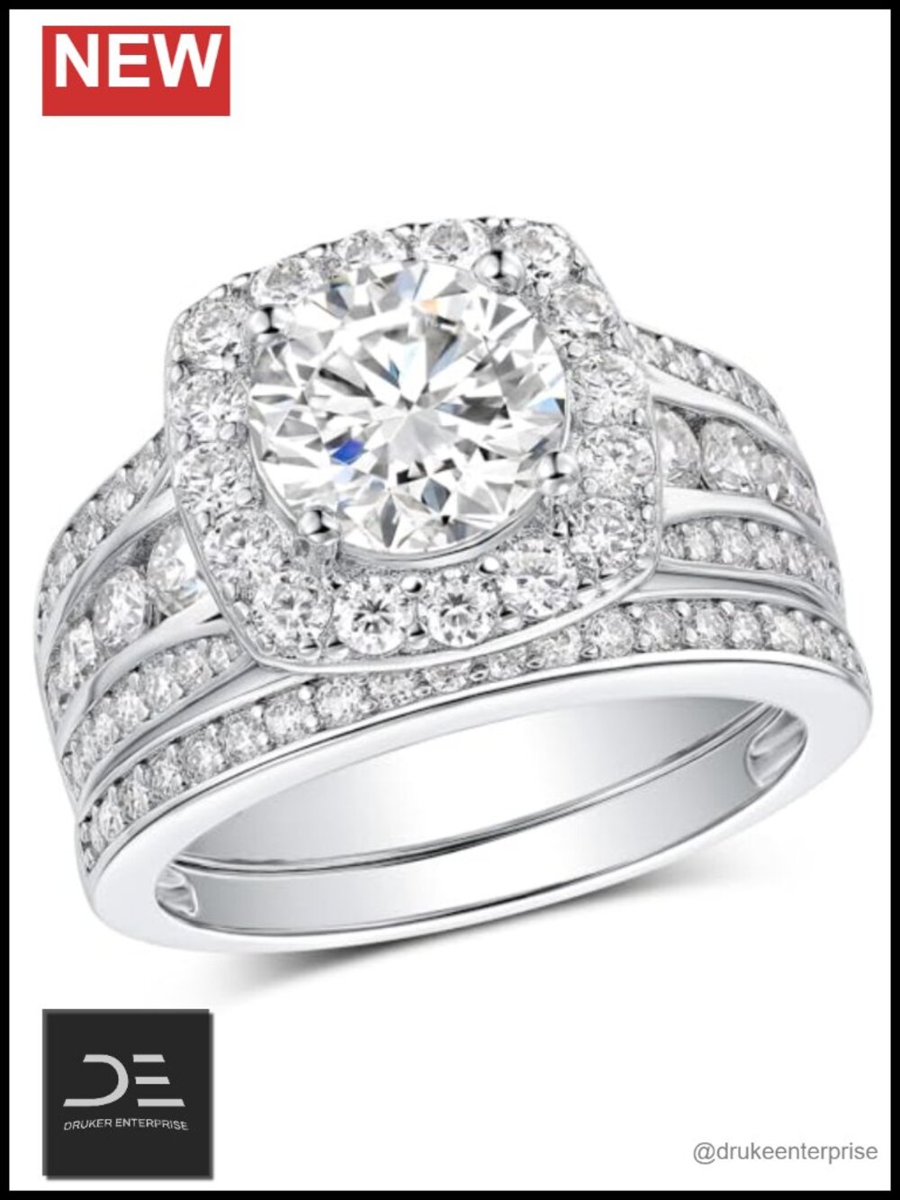 Moissanite Wedding Ring Set for Women White Gold Plated Halo Engagement